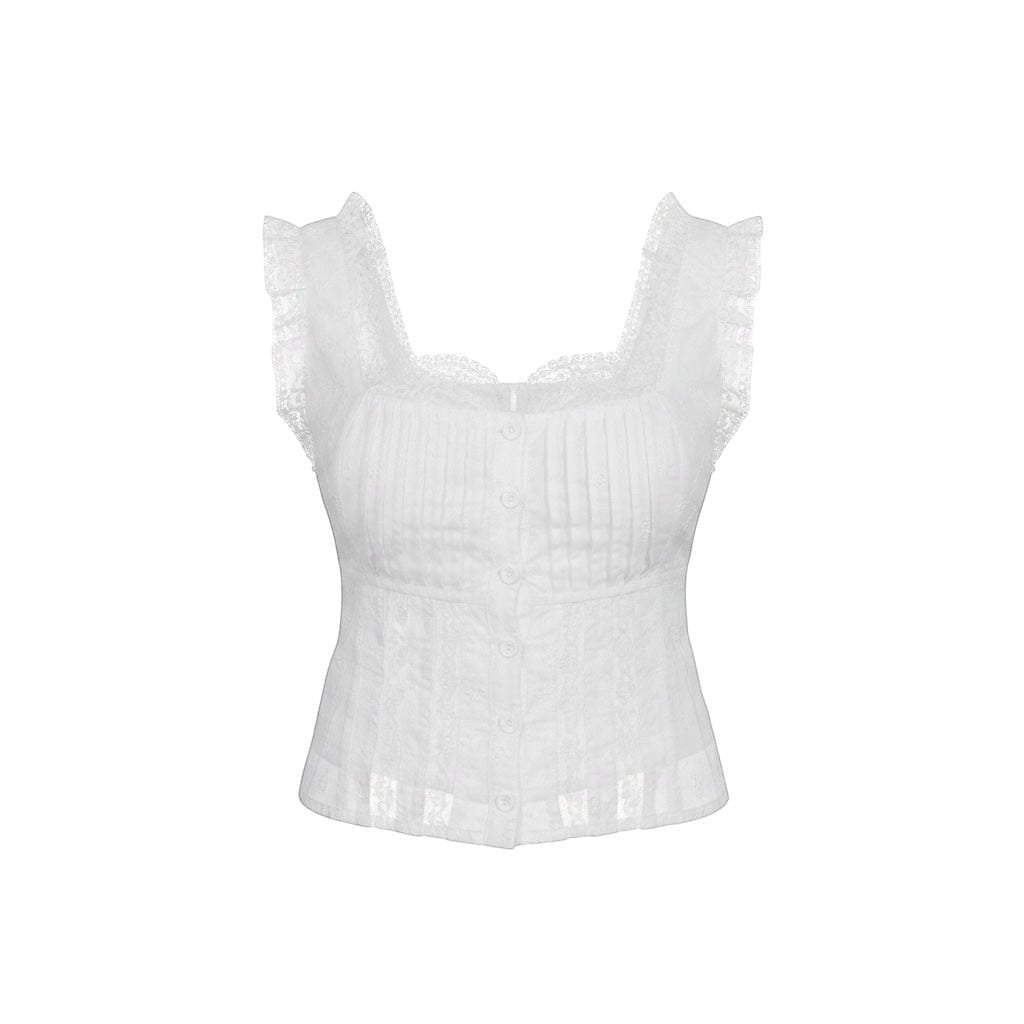 Mad-ly white lace corset blouse with square neckline, pleated bodice, button front, and ruffled cap sleeves.