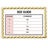 Mad-ly size guide chart for women's clothing featuring US sizes XS to XL in a decorative gold rope frame